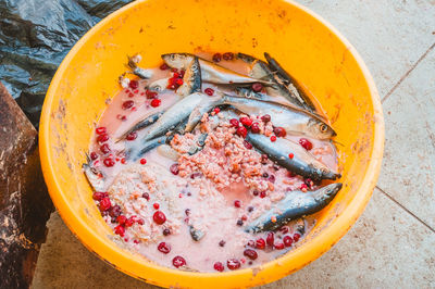 High angle view of fish on table