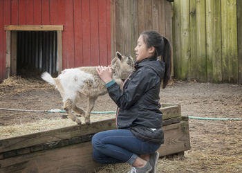 Girl playing with kid goat at farm