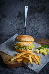 Close-up of burger on barbecue grill