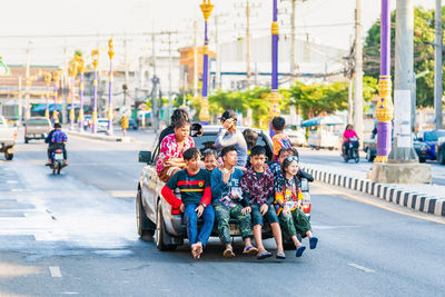 High angle view of people on street in city