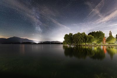 Scenic view of lake against sky at night