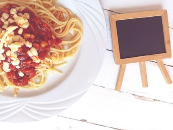 High angle view of pasta in plate on table