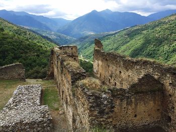 High angle view of castle old ruins against pyrenees