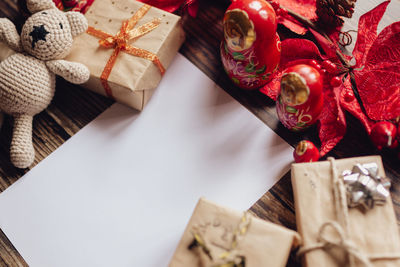 High angle view of christmas decorations on table