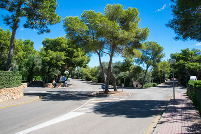 Road amidst trees against blue sky