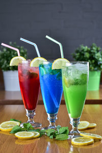 Close-up of drinks served on table