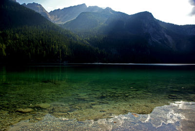 Scenic view of lake and mountains against sky