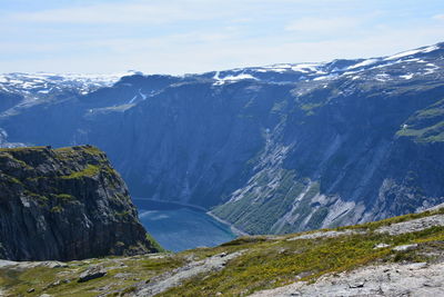 Scenic view of mountains against sky during winter