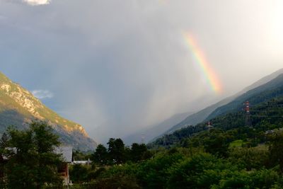 Scenic view of rainbow over mountains against sky