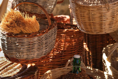 Close-up of wicker basket hanging for sale