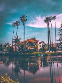 Palm trees by lake against sky during sunset