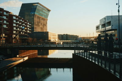 Reflection of buildings in city at sunset