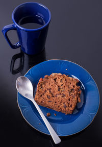 Close-up of cake served on table