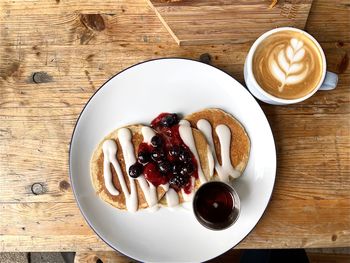 High angle view of breakfast served on table