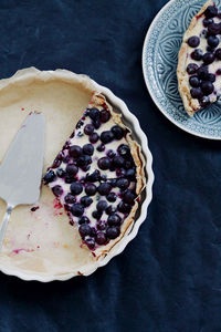 High angle view of cake in plate on table