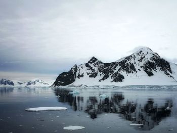 Scenic view of lake by snowcapped mountain against sky in antarctica 