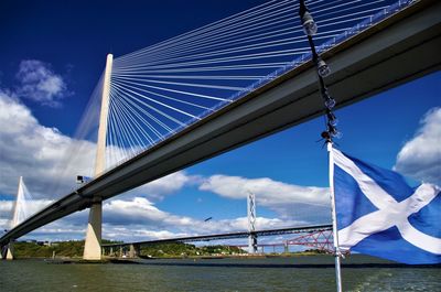 Low angle view of suspension bridge over river against cloudy sky