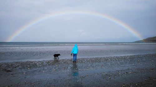 Rear view of rainbow over sea