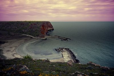 High angle view of sea against sky during sunset