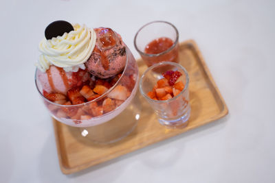 High angle view of dessert on table