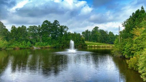 Scenic view of lake against cloudy sky