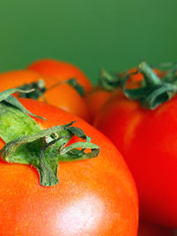 Close-up of orange fruit against colored background