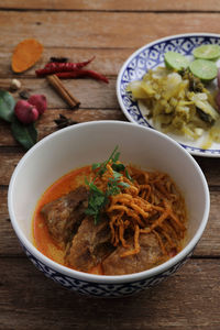 High angle view of noodles in bowl on table