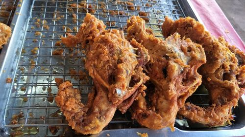 High angle view of meat on barbecue grill