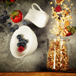 High angle view of breakfast on table