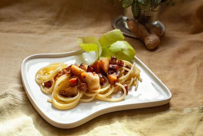 High angle view of food in plate on table