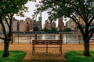 Bench in park against buildings in city