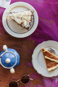 High angle view of breakfast served on table