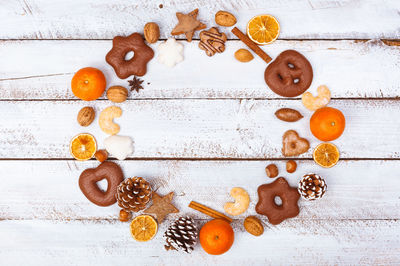 High angle view of cookies on table