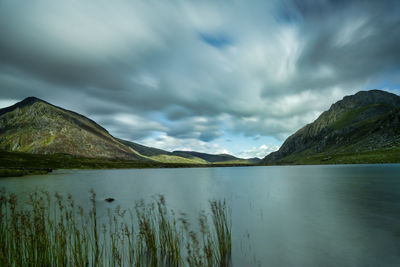 Scenic view of lake by mountains against sky