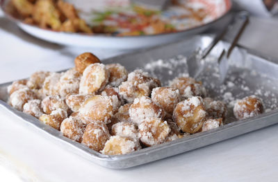 High angle view of food in container on table