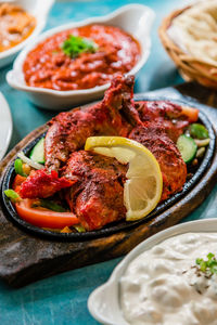 Close-up of food served in plate on table