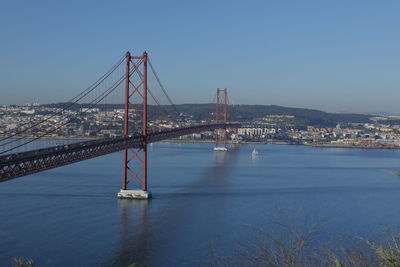 View of suspension bridge in city