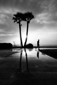 Silhouette man on palm tree at beach against sky