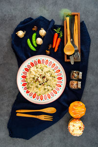 High angle view of fruits served on table