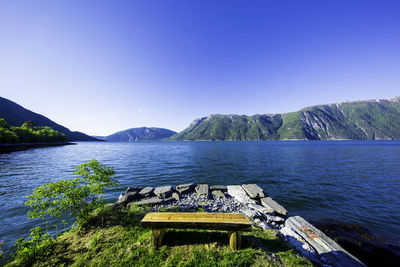 Scenic view of mountains against clear blue sky