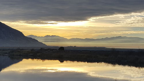 Scenic view of lake against sky during sunset