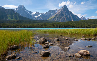 Scenic view of lake and mountains against sky