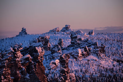 Panoramic view of snow covered mountain against sky