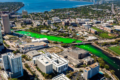 High angle view of buildings in city