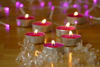 Close-up of lit candles on table