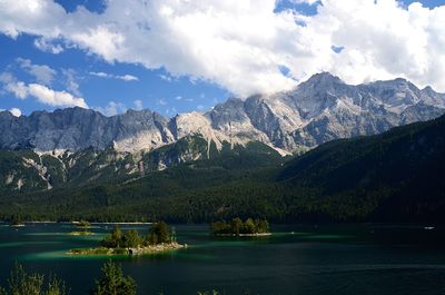 Scenic view of lake and mountains against sky