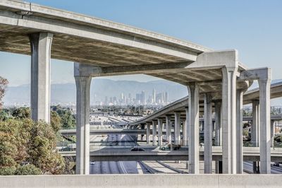 Bridge in city against clear sky