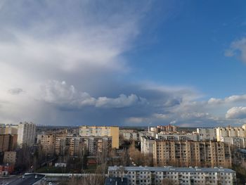 High angle view of buildings against sky