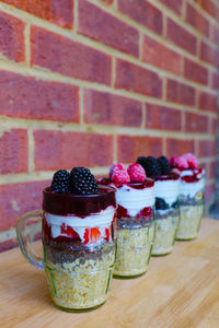 Close-up of dessert served on table