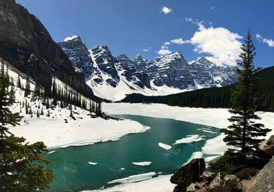 Scenic view of lake by snowcapped mountains against sky